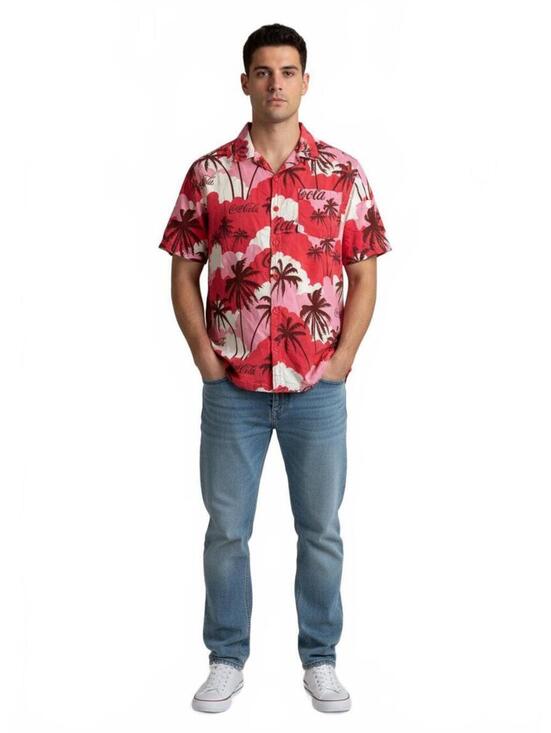 Other - Coca-Cola Hawaiian Shirt Men’s Large Red Pink Palm Tree Tropical Button Up